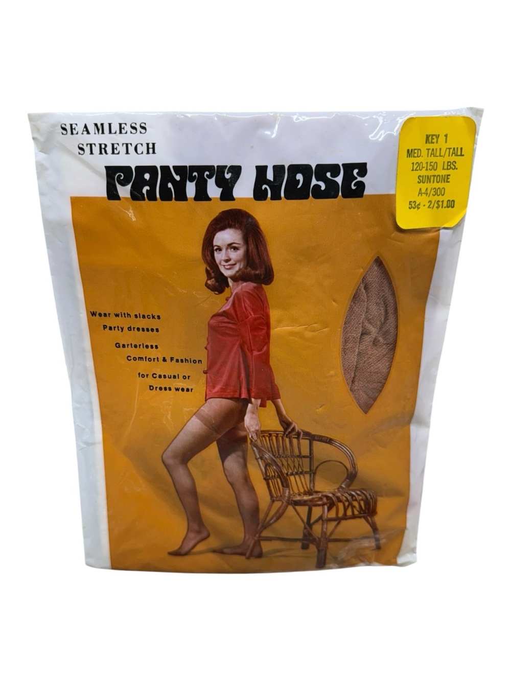 Vintage SS Kresge Seamless Stretch Pantyhose 100% Nylon Size Medium Tall Suntone